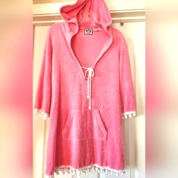 Y2K JUICY COUTURE Terry Cloth Salmon Pink Hood PLUNGE Dingleballs Mini Dress P/S - Picture 3 of 12